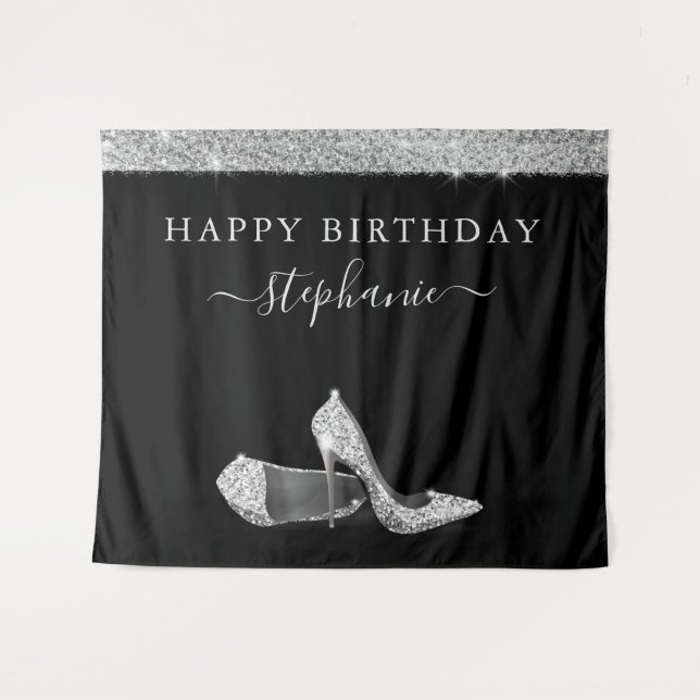 Silver Glitter High Heels Birthday Backdrop Tapestry (Front (Horizontal))