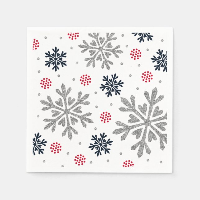 Silver Glitter Holiday Snowflake Napkin (Front)
