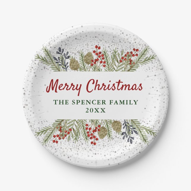 Silver Glitter Holly Berries Christmas Party Paper Plate (Front)