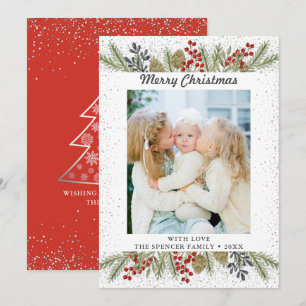 Silver Glitter Holly Berries Christmas Photo Holiday Card