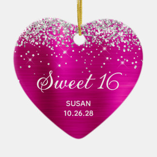 Silver Glitter Hot Foil Foil Sweet 16 Photo Ceramic Tree Decoration