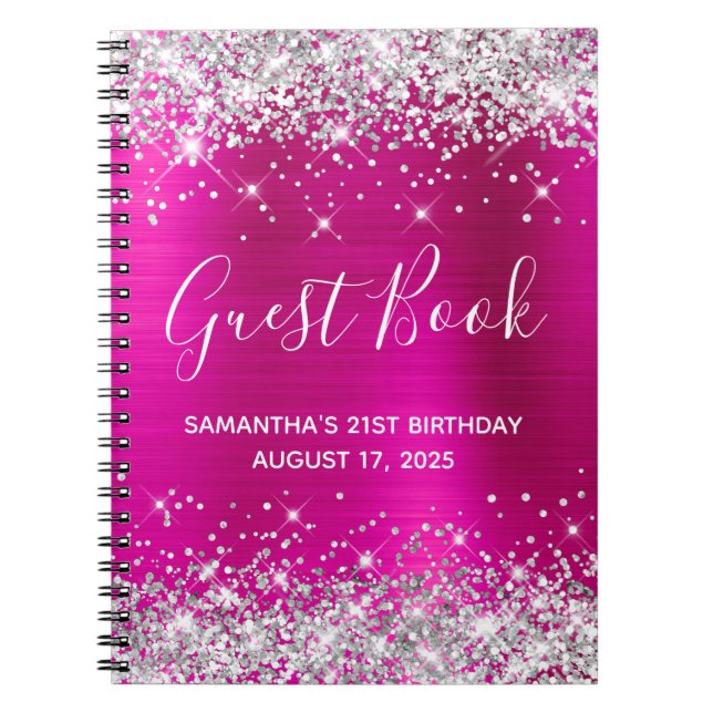 Silver Glitter Hot Pink 21st Birthday Guestbook Notebook (Front)