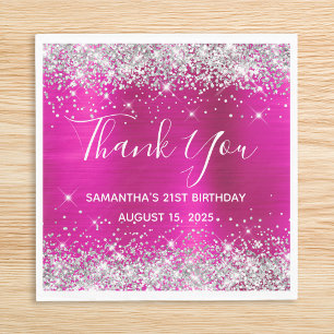 Silver Glitter Hot Pink 21st Birthday Thank You Napkin