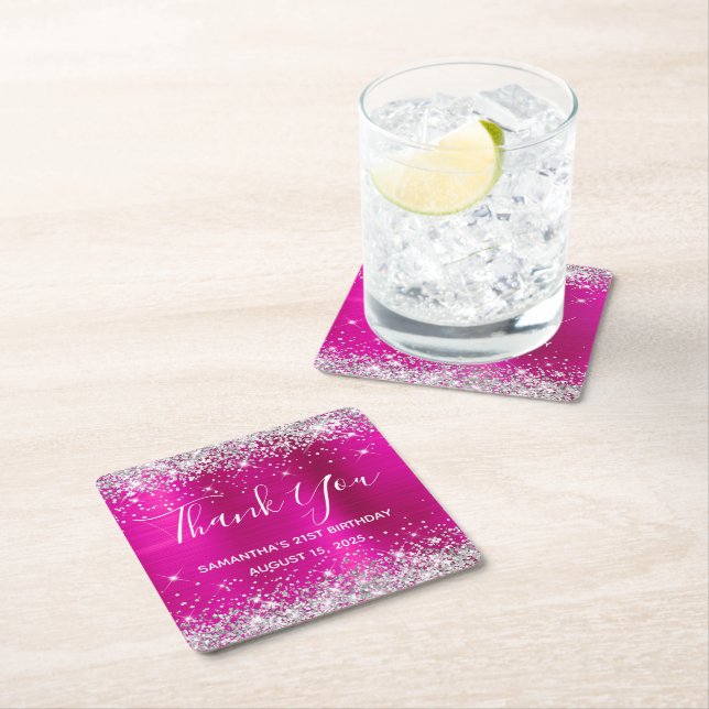 Silver Glitter Hot Pink 21st Birthday Thank You Square Paper Coaster (Insitu)