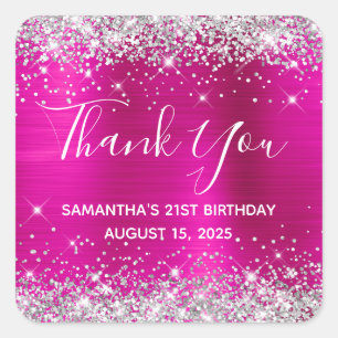Silver Glitter Hot Pink 21st Birthday Thank You Square Sticker