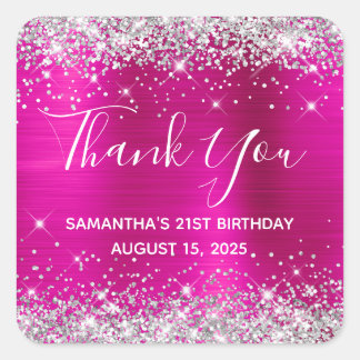 Silver Glitter Hot Pink 21st Birthday Thank You Square Sticker