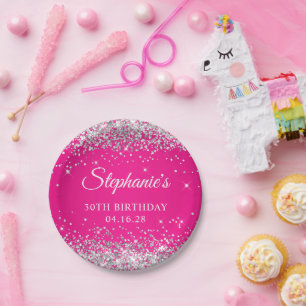 Silver Glitter Hot Pink 30th Birthday Paper Plate