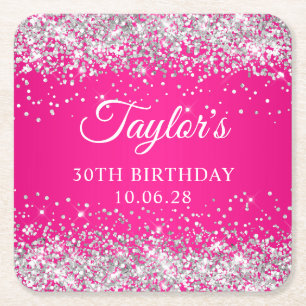 Silver Glitter Hot Pink 30th Birthday Square Paper Coaster