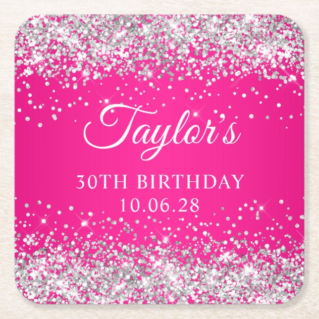 Silver Glitter Hot Pink 30th Birthday Square Paper Coaster (Front)