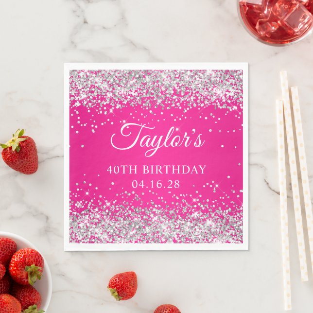 Silver Glitter Hot Pink 40th Birthday Napkin (Insitu)