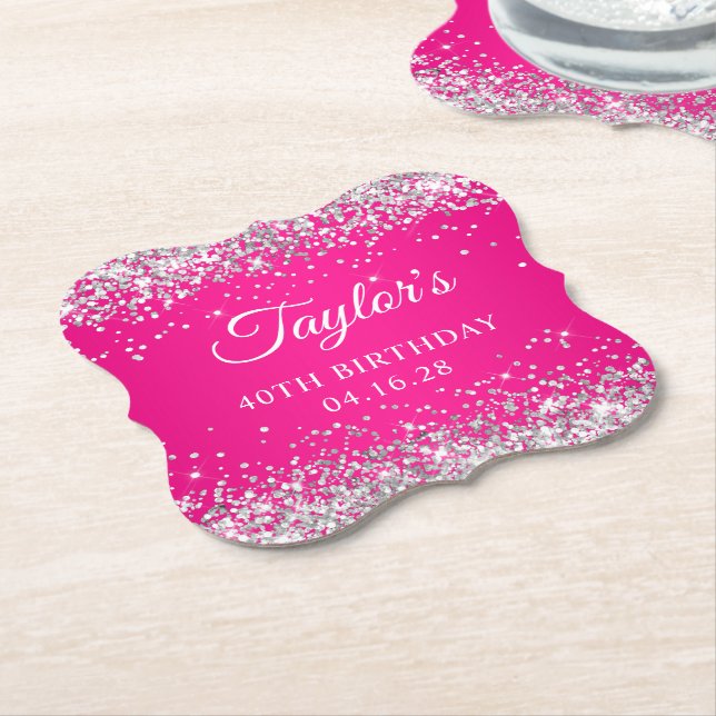 Silver Glitter Hot Pink 40th Birthday Paper Coaster (Angled)