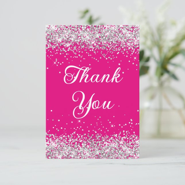 Silver Glitter Hot Pink 40th Birthday Thank You Card (Standing Front)