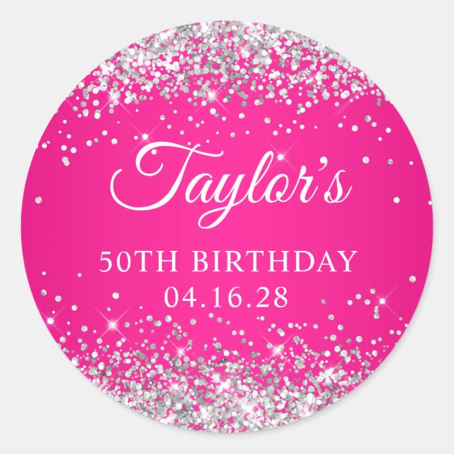 Silver Glitter Hot Pink 50th Birthday Classic Round Sticker (Front)