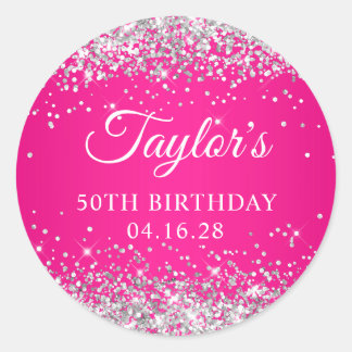 Silver Glitter Hot Pink 50th Birthday Classic Round Sticker