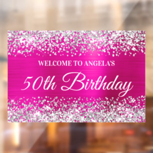 Silver Glitter Hot Pink 50th Birthday Welcome Window Cling