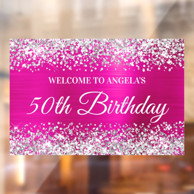 Silver Glitter Hot Pink 50th Birthday Welcome Window Cling (Sheet 2)