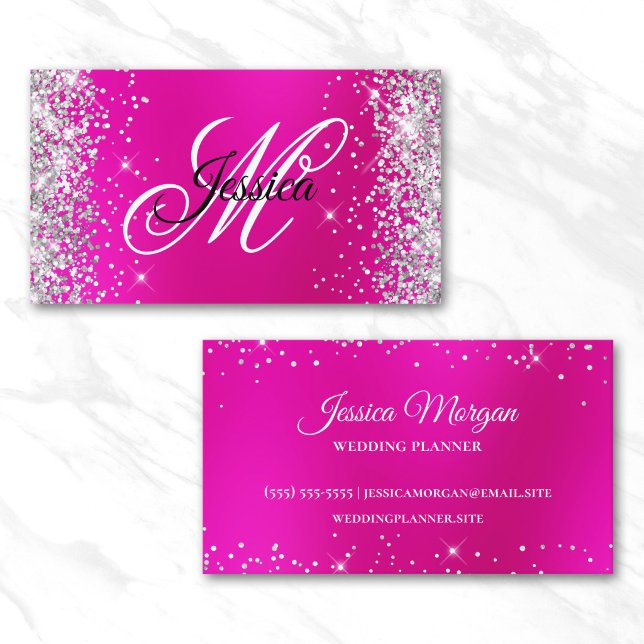 Silver Glitter Hot Pink Blur Monogram Profile Business Card (Silver Glitter Hot Pink Blur Monogram Profile Business Card)