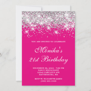 Silver Glitter Hot Pink Bold 21st Birthday  Invitation