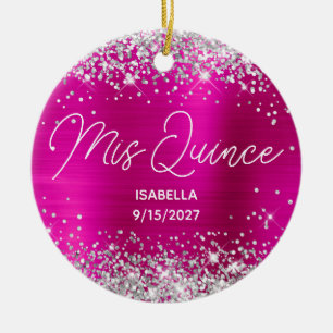 Silver Glitter Hot Pink Fancy Mis Quince Photo Ceramic Tree Decoration