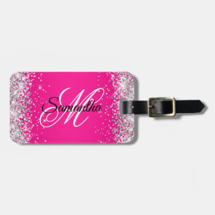 Silver Glitter Hot Pink Fancy Monogram Luggage Tag