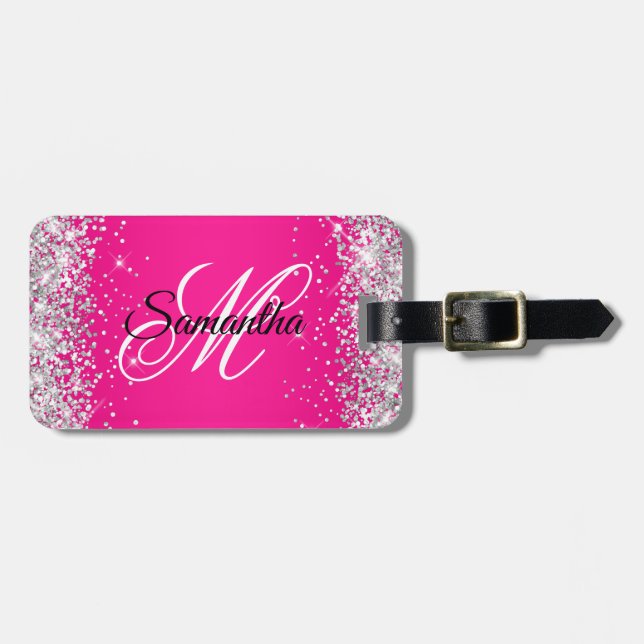 Silver Glitter Hot Pink Fancy Monogram Luggage Tag (Front Horizontal)