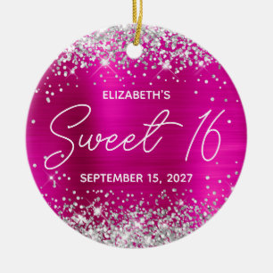 Silver Glitter Hot Pink Fancy Sweet 16 Photo Ceramic Tree Decoration