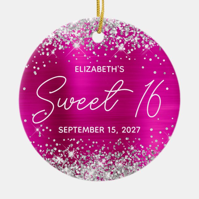 Silver Glitter Hot Pink Fancy Sweet 16 Photo Ceramic Tree Decoration (Front)