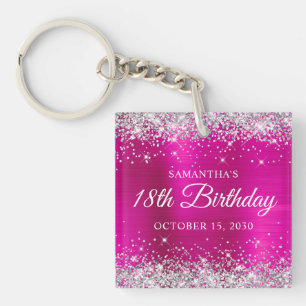 Silver Glitter Hot Pink Foil 18th Birthday Key Ring