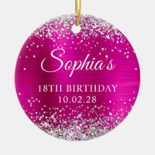 Silver Glitter Hot Pink Foil 18th Birthday Photo Ceramic Tree Decoration