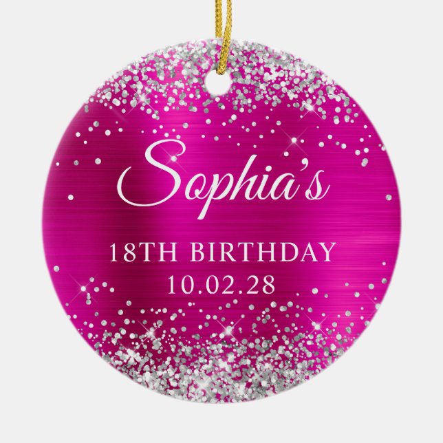 Silver Glitter Hot Pink Foil 18th Birthday Photo Ceramic Tree Decoration (Front)