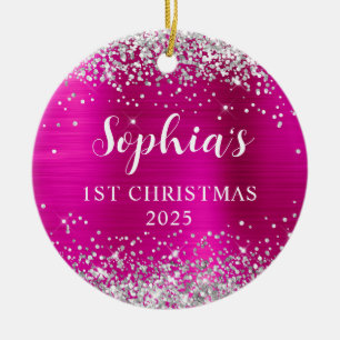 Silver Glitter Hot Pink Foil 1st Christmas Photo Ceramic Tree Decoration