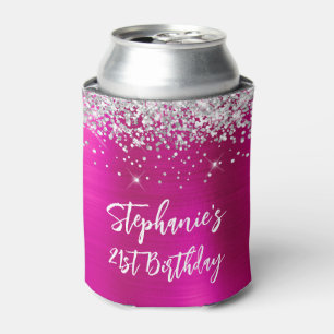 Silver Glitter Hot Pink Foil 21st Birthday Can Cooler