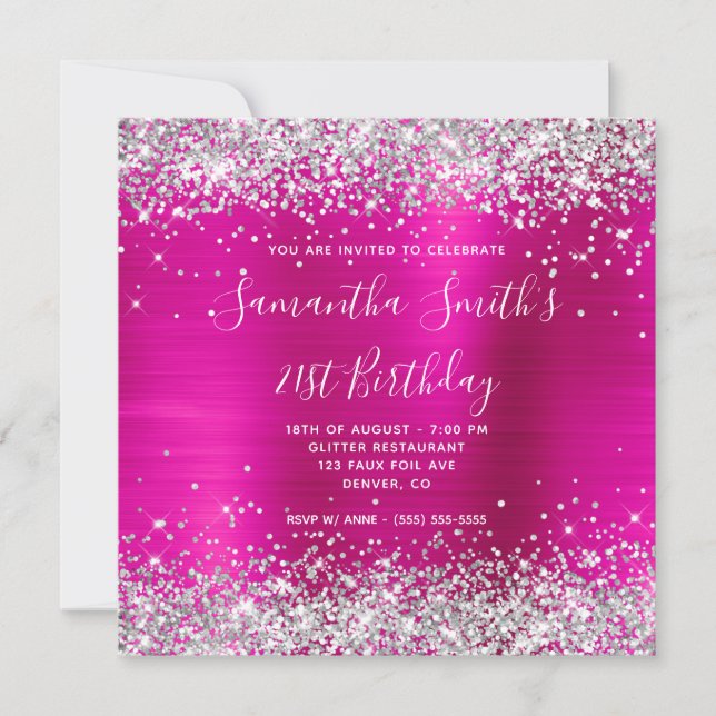 Silver Glitter Hot Pink Foil 21st Birthday Invitation (Front)