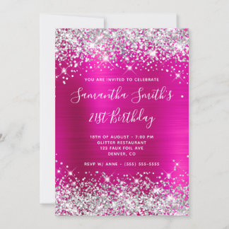 Silver Glitter Hot Pink Foil 21st Birthday Invitation