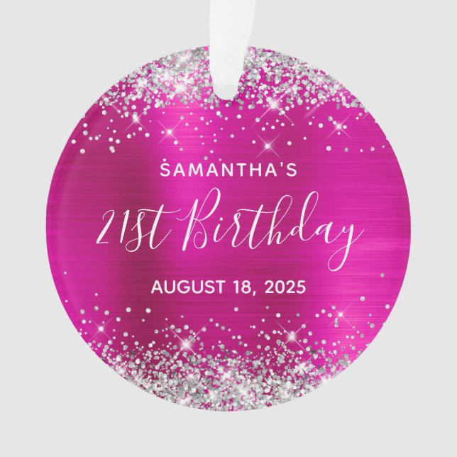 Silver Glitter Hot Pink Foil 21st Birthday Ornament (Front)