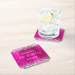 Silver Glitter Hot Pink Foil 21st Birthday Paper Coaster