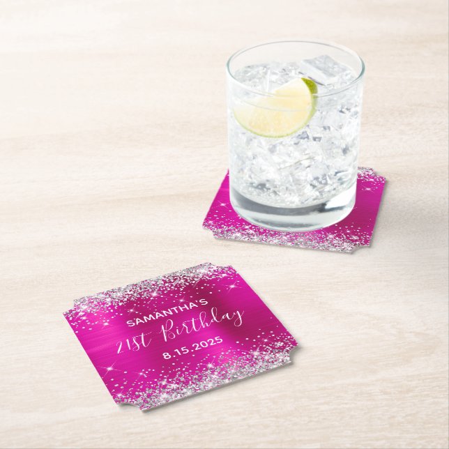Silver Glitter Hot Pink Foil 21st Birthday Paper Coaster (Insitu)