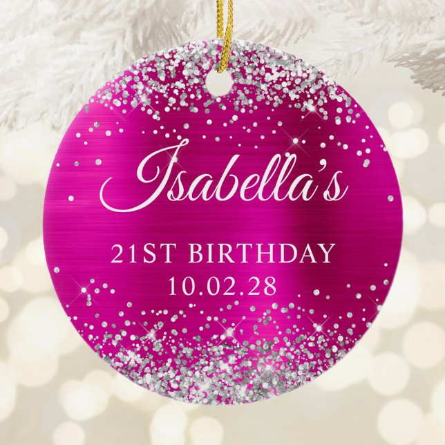 Silver Glitter Hot Pink Foil 21st Birthday Photo Ceramic Tree Decoration (Silver Glitter Hot Pink Foil 21st Birthday Photo Ceramic Ornament)
