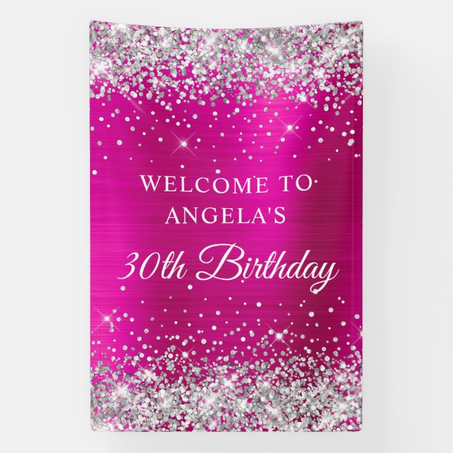 Silver Glitter Hot Pink Foil 30th Birthday V Banner (Vertical)
