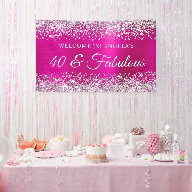 Silver Glitter Hot Pink Foil 40 & Fabulous Welcome Banner (Party)