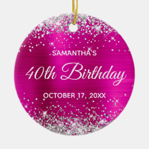 Silver Glitter Hot Pink Foil 40th Birthday Ceramic Tree Decoration