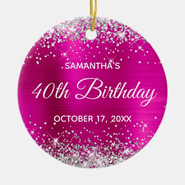 Silver Glitter Hot Pink Foil 40th Birthday Ceramic Tree Decoration (Front)