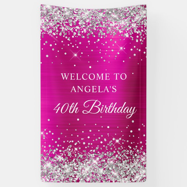 Silver Glitter Hot Pink Foil 40th Birthday V Banner (Vertical)