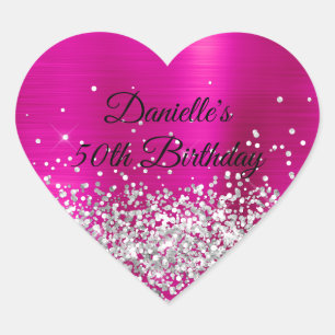 Silver Glitter Hot Pink Foil 50th Birthday Heart Sticker
