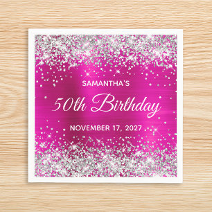 Silver Glitter Hot Pink Foil 50th Birthday Napkin