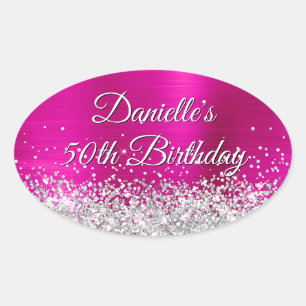 Silver Glitter Hot Pink Foil 50th Birthday Oval Sticker