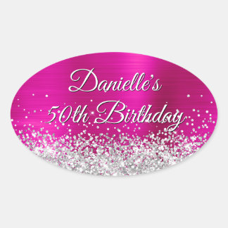Silver Glitter Hot Pink Foil 50th Birthday Oval Sticker