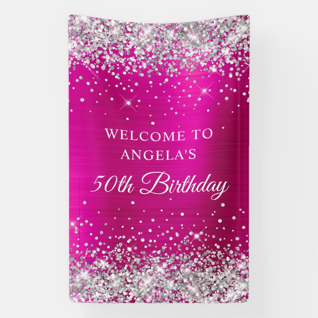 Silver Glitter Hot Pink Foil 50th Birthday V Banner (Vertical)
