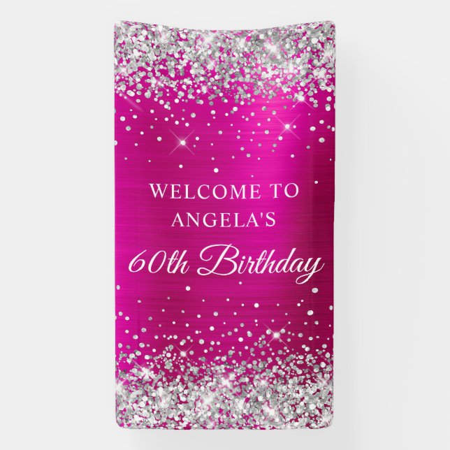 Silver Glitter Hot Pink Foil 60th Birthday V Banner (Vertical)