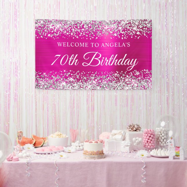 Silver Glitter Hot Pink Foil 70th Birthday Welcome Banner (Party)